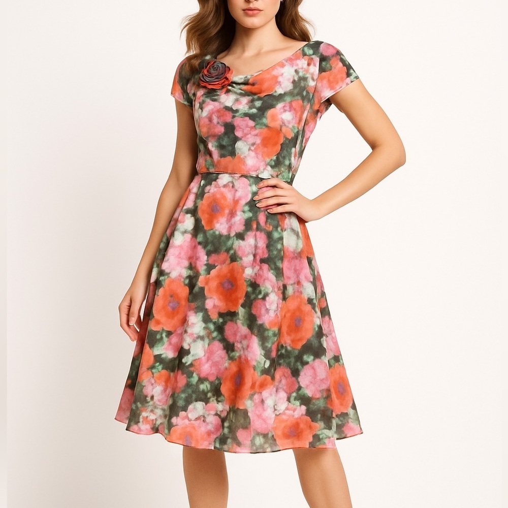 Vintage Flower decor asymmetric neck, Floral‎ print pleated dress